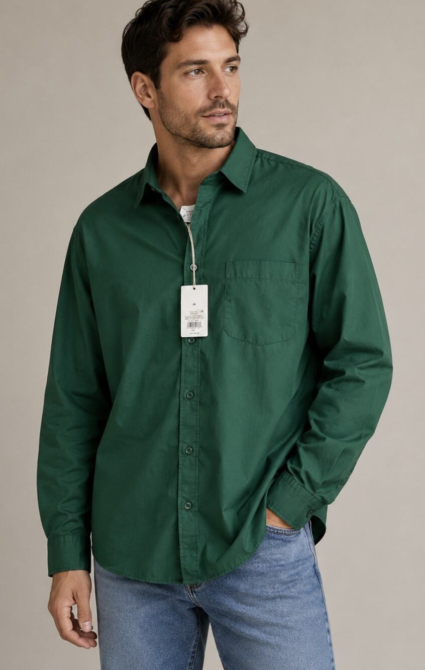 H&M Men's Green Solid Woven Button-Up Shirt Long Sleeve Point Collar Pocket M